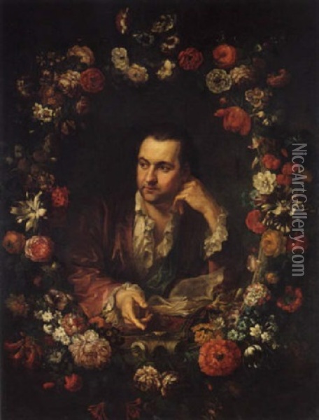 Portrait Of A Man Reading A Book, Within A Garland Of Flowers Oil Painting - Johann (Jan) Kupetzki