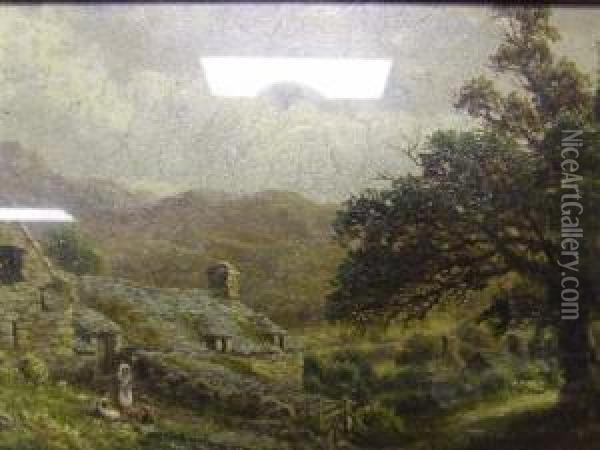 Rural Landscape With Figures And Cottages Oil Painting - R. Mann