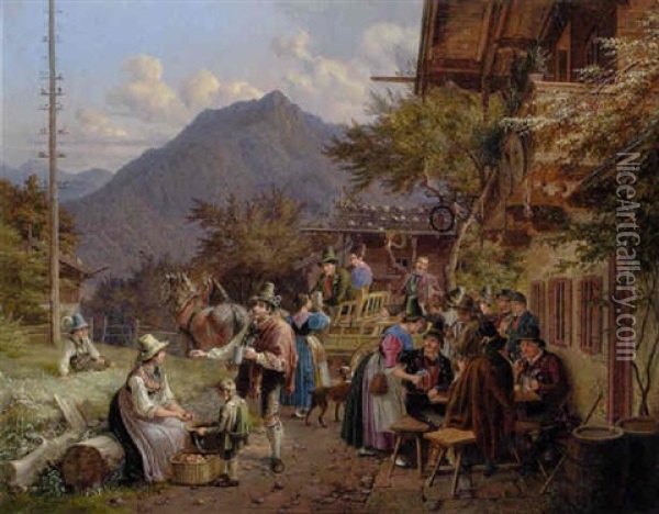 Lustige Gesellschaft Mit Blaskapelle Vor Wirtshaus Im Oberland Oil Painting - Lorenzo Quaglio