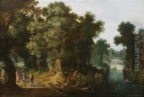Wooded River Landscape With Travellers On A Path Having Their Fortune Told. Oil Painting - Jasper van der Lamen