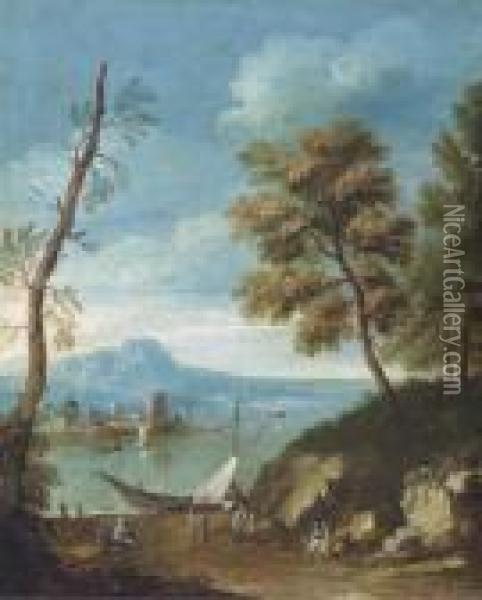 A Mediteranean Coastal Landscape
 With Figures Unloading A Sailingvessel, Other Figures Resting On A Path
 On The Edge Of A Wood Oil Painting - Paolo Anesi