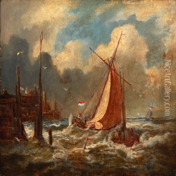 Dutch Coastal Scene With Sailing Boats In High Waves Oil Painting - Johannes Frederik Hulk, Snr.