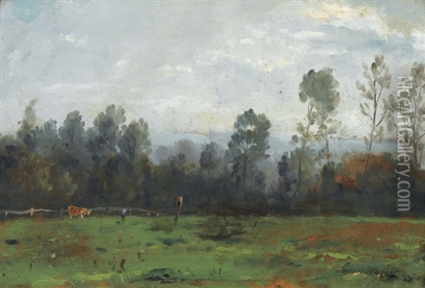 Weidepartie Mit Bauer Und Kuh Oil Painting - Jules Charles Rozier