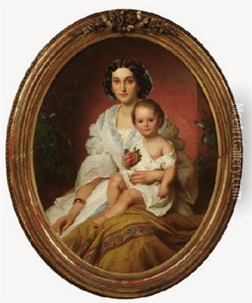 Vornehme Dame Mit Ihrem Kind Von Wicken Umrankt Oil Painting - Franz Dobiaschofsky