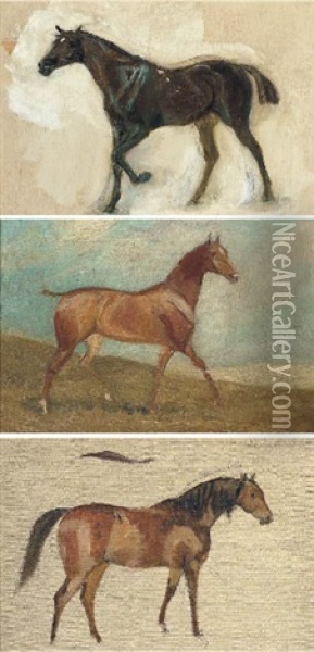 Sketch Of A Chestnut Horse In A Landscape (+ 2 Others; 3 Works Incl. 1 Oil On Board) Oil Painting - James Lynwood Palmer