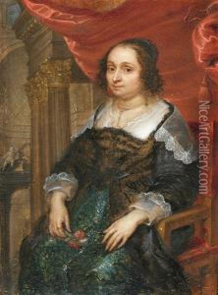 Portrait Of A Seated Woman In An Interior Oil Painting - Gonzales Cocques