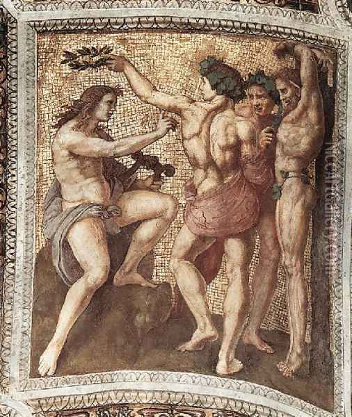The Stanza Della Segnatura Ceiling Apollo And Marsyas Oil Painting - Raphael