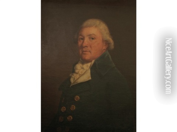 Portrait Of A Gentleman With A White Neck Scarf And Buttoned Coat (a Member Of The Gould Family?) Oil Painting - Thomas Beach