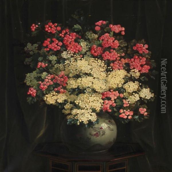 Red And White Hawthorn Branches In A Japanese Vase On A Table Oil Painting - Emil C. Unlitz