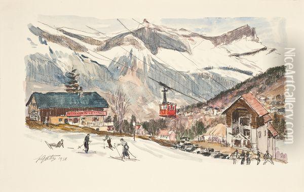 Station De Ski Avec Telepherique Oil Painting - Pierre Gatier