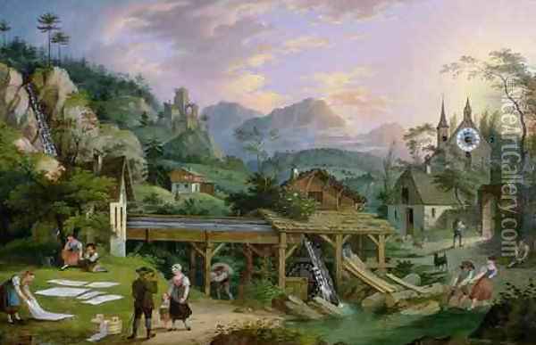 Picture Clock with scene of an Alpine village landscape with clock mechanism in church tower Oil Painting - C. L. Hoffmeister