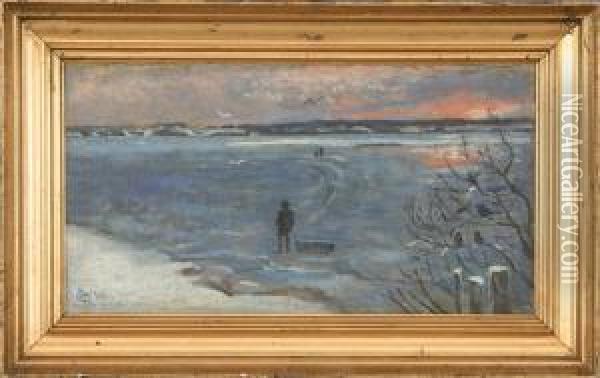Winterscape, Sunset At A Frozen Lake Oil Painting - Carl Gotfred Wurtzen