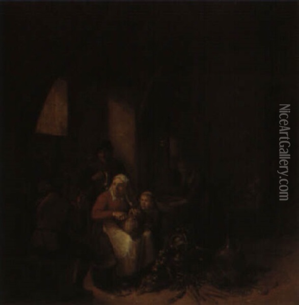 Interior With Peasants Drinking, Smoking And Preparing Food Oil Painting - Jan Miense Molenaer
