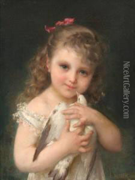 Young Girl Holding A White Dove Oil Painting - Emile Munier