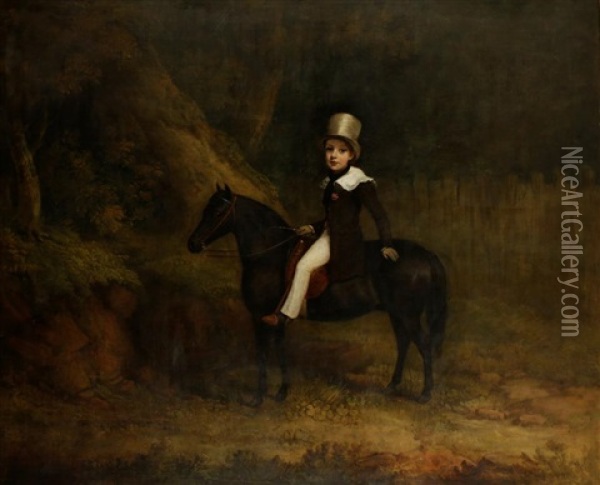 A Study Of A Young Boy Wearing A Top Hat Seated On His Pony Oil Painting - James Barenger the Younger