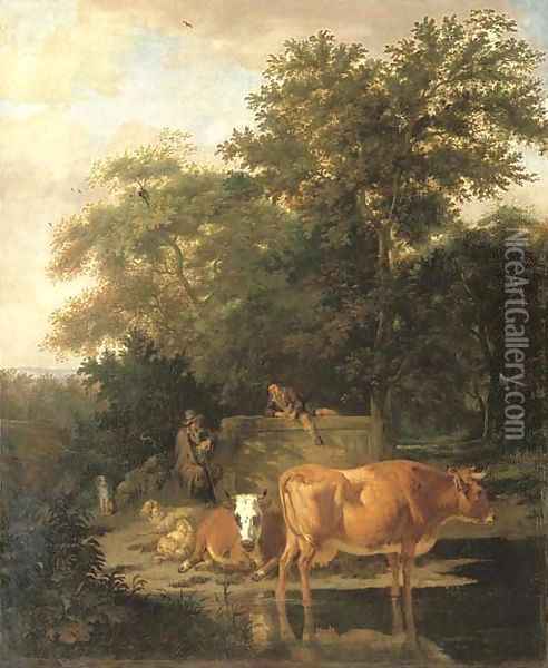 A wooded landscape with herdsmen resting and cows watering by a river Oil Painting - Adriaen Van De Velde