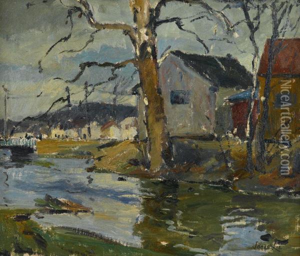 Houses By A River Oil Painting - Jonas Lie