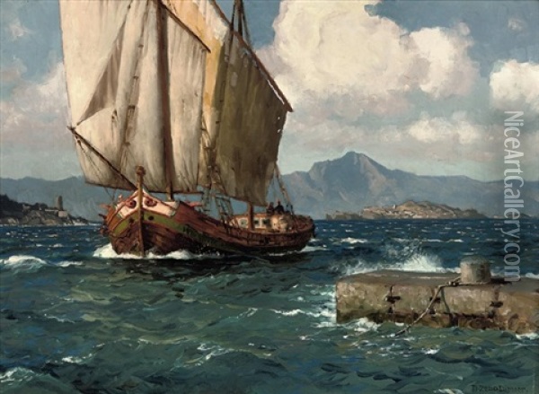 A Fishing Vessel Running Before The Wind Off The Albanian Coast Oil Painting - Michael Zeno Diemer