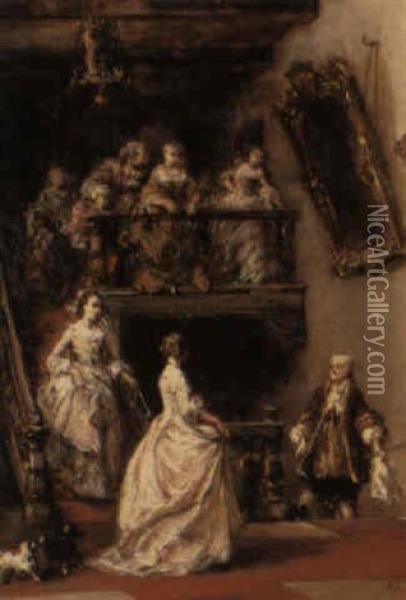 An 18th Century Interior With Elegant Figures On A Staircase Oil Painting - Louis-Gabriel-Eugene Isabey