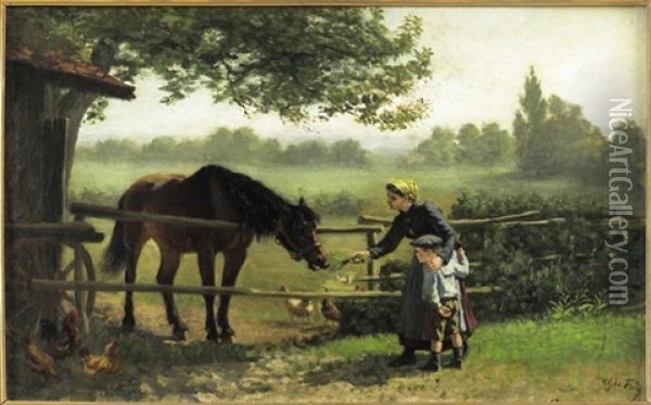 Young Girl Feeding A Horse Oil Painting - Charles Edouard Frere
