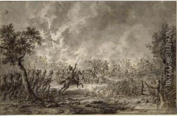 Infantry And Cavalry Fighting Near A Burning Windmill Oil Painting - Dirck Langendijk