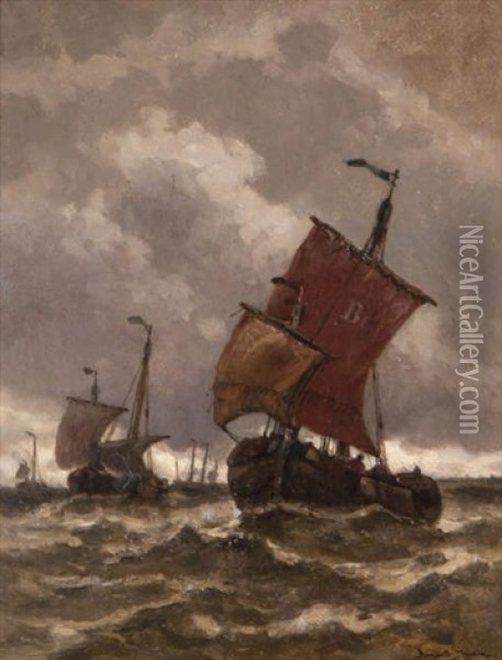 Vissersboten Op Volle Zee Bij Grijze Hemel Oil Painting - Auguste Henri Musin