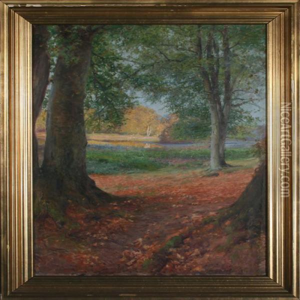 Autumn Day With Forest Lake Oil Painting - Peder Knudsen