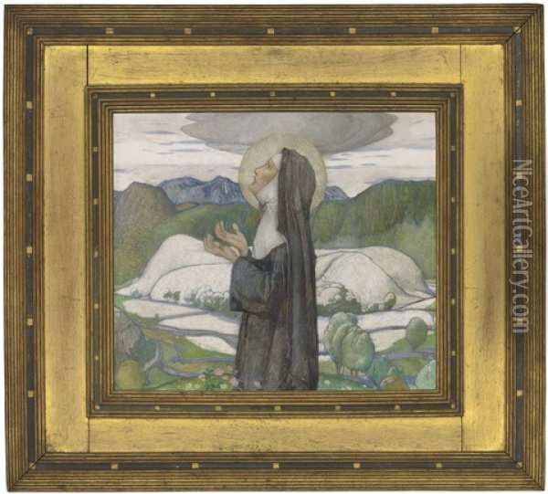 A Female Saint, Possibly St Bega Of Cumbria Oil Painting - Edward Reginald Frampton