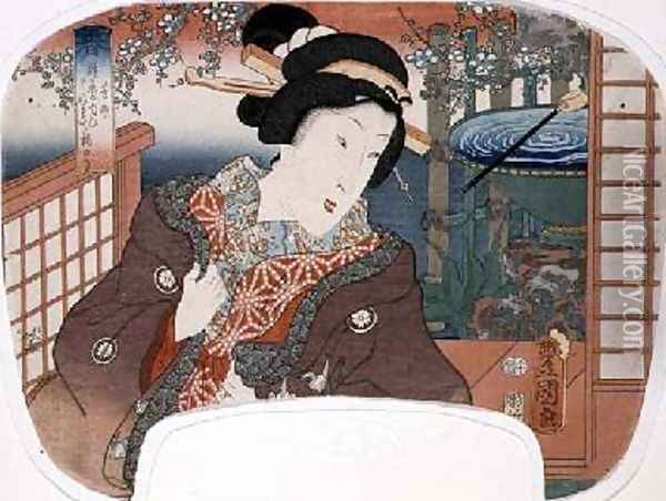 Spring Yoshi cho A geisha in a garden design for a fan from a set of four illustrating the seasons Oil Painting - Utagawa Kunisada