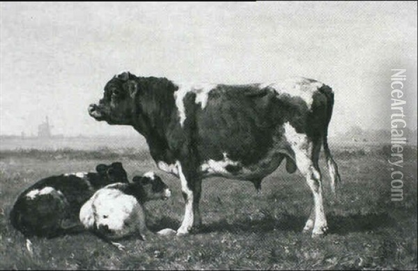 Bull With Two Calves In A Landscape Oil Painting - Johannes Hubertus Leonardus de Haas