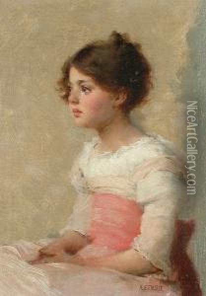 Portrait Of A Beautiful Young Girl Seated, Wearing A White Dress With A Red Sash. Oil Painting - Alfred Edward Emslie