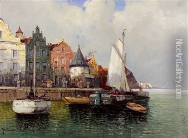 Fischerhafen Bei Amsterdam Oil Painting - Georg Fischhof