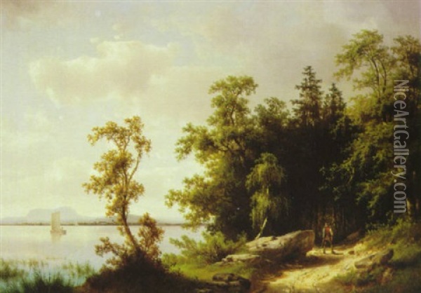 Traveler On A Wooded Path By A Lake Oil Painting - Carl Hasch