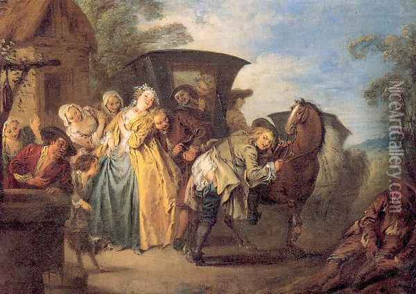 The Poet Roquebrune Breaks his Garter Oil Painting - Jean-Baptiste Joseph Pater