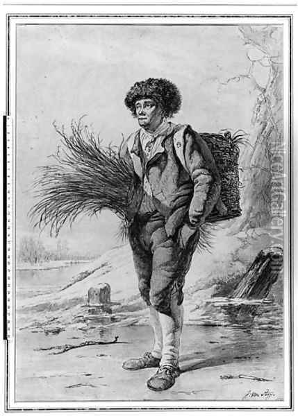 A Man on the Ice, wearing a basket on his back, holding a bundle of reed Oil Painting - Jacob van Strij