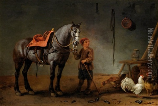 Horse And Stable Lad With Hens In A Stable Oil Painting - Abraham Van Calraet