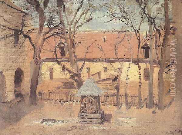 Part of a Courtyard with Well c. 1910 Oil Painting - Laszlo Mednyanszky