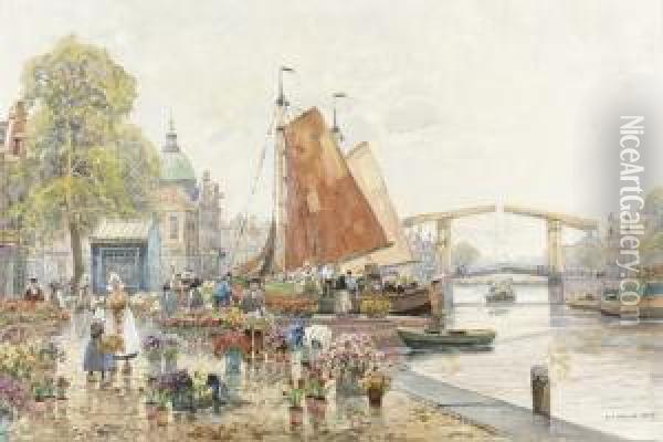 Blumenmarkt An Einer Gracht In Amsterdam. Oil Painting - F.M. Richter-Reich