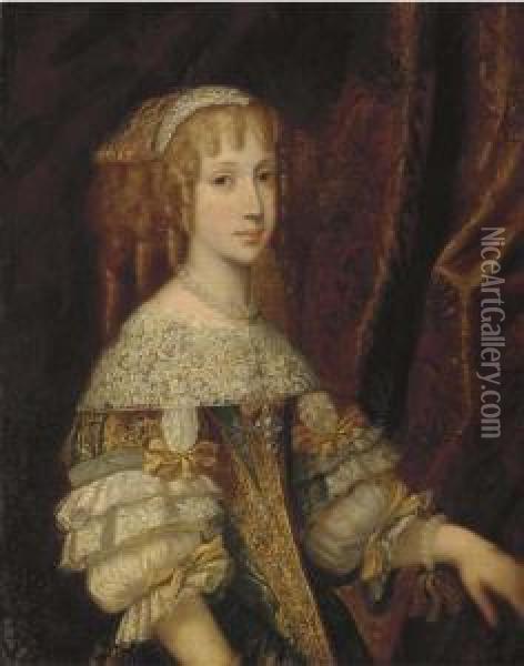 Portrait Of A Lady, Half-length,
 In A Gold And Blue Silk Dress With Lace Trim, Wearing A Pearl Necklace 
And Bracelet Oil Painting - Ircle Of Martin Van Mytens