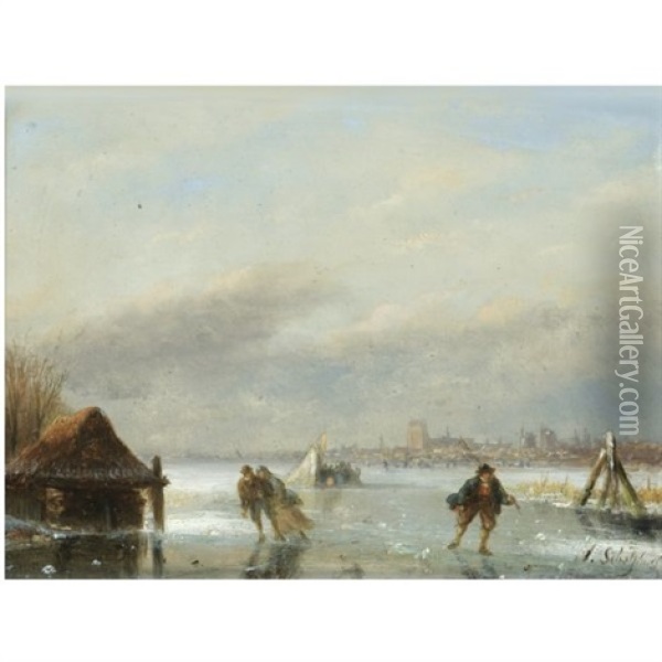 A Winter Landscape With Skaters On The Ice Oil Painting - Andreas Schelfhout