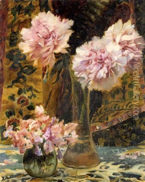 Deux Bouquets De Fleurs Sur Un Fond De Tapisserie Oil Painting - Georges Antoine Rochegrosse