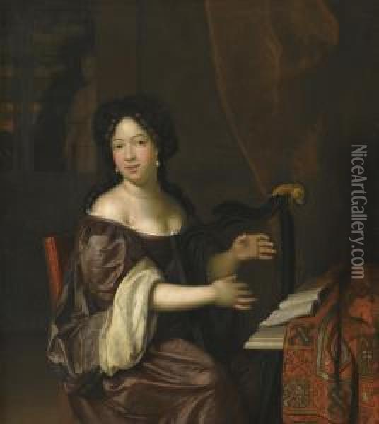 A Young Lady Playing The Harp Oil Painting - Jan Tilius