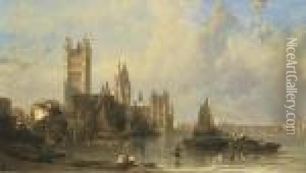 The Houses Of Parliament From Millbank Oil Painting - David Roberts