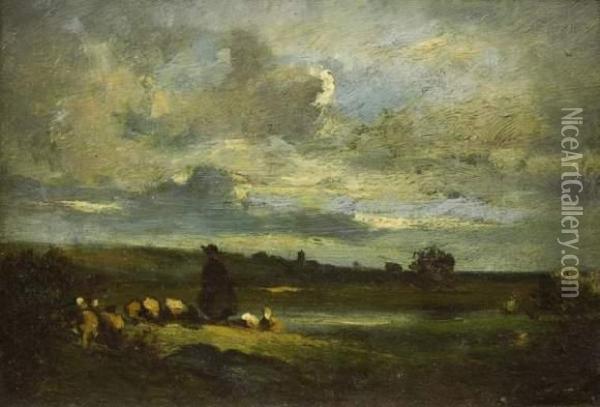 Bergere Et Ses Moutons Oil Painting - Jules Dupre