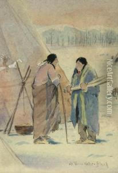 Two Indians Before A Teepee Oil Painting - Laverne Nelson Black