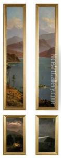Suit Of 4 Painted Panels Of Panoramic Views Incorporated In A Door Oil Painting - H. Forrest