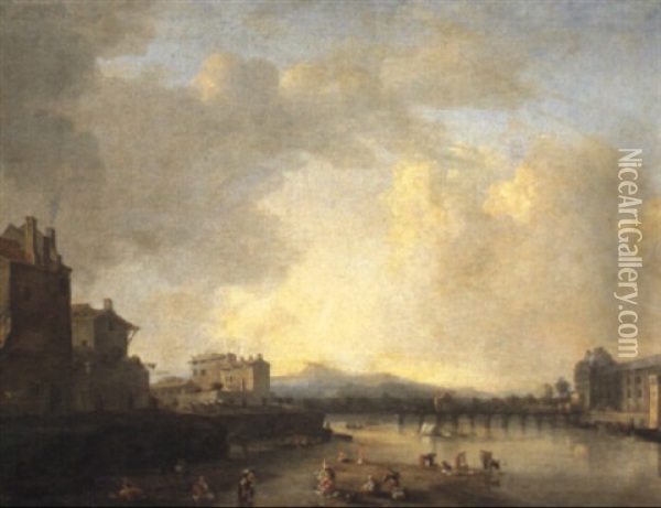 A River Landscape With Many Figures On The Shore, Old Housesto The Left And With A Palace On The Far Bank Oil Painting - Jan Asselijn