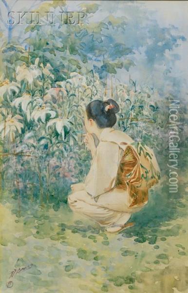 Woman In The Garden Oil Painting - Yamada Baske