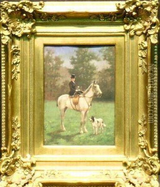 Portrait Of A Woman Astride Her Horse With Her Dog Oil Painting - Louis Darey