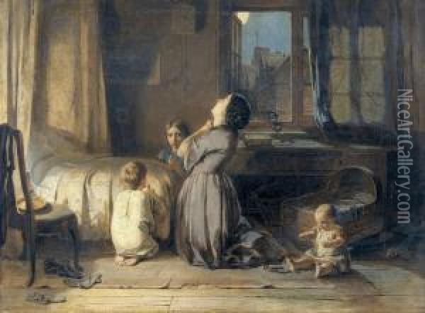 Mutter Mit Kindern Beim Abendgebet Oil Painting - Thomas Edward Roberts